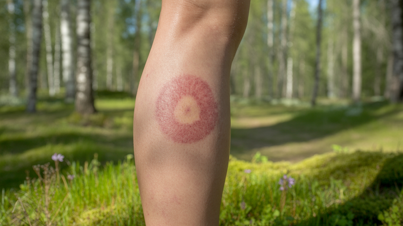 Punkin pureman aiheuttama erythema migrans -rengasihottuma ihmisen pohkeessa luonnon keskellä.